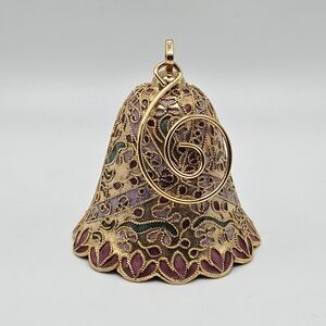 VINTAGE Cloisonne Flowers Floral Gold Tone Pink Bell Ornament